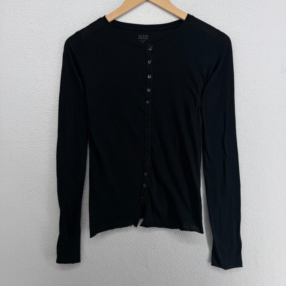 EILEEN FISHER Top XS Fine Jersey Button Front Cardigan Long Sleeve Black